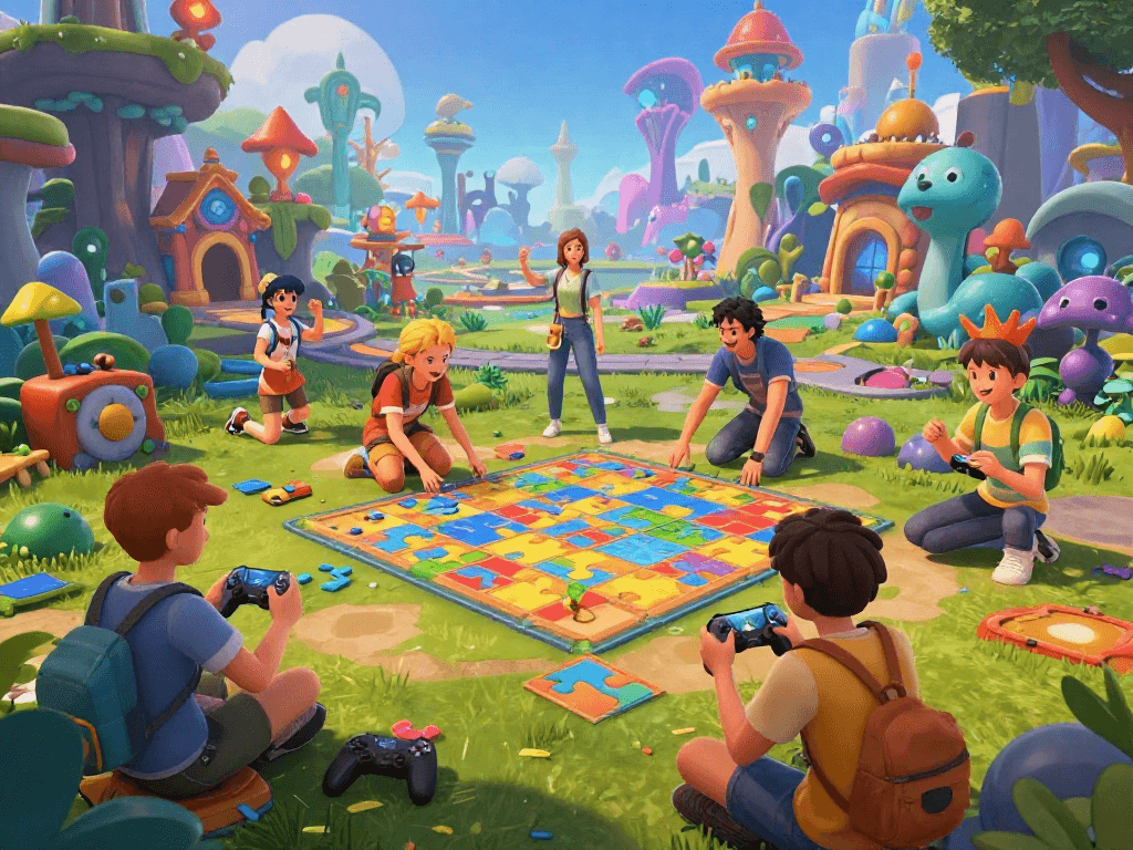 Vibrant scene of characters engaged in immersive porn games within a colorful virtual landscape.