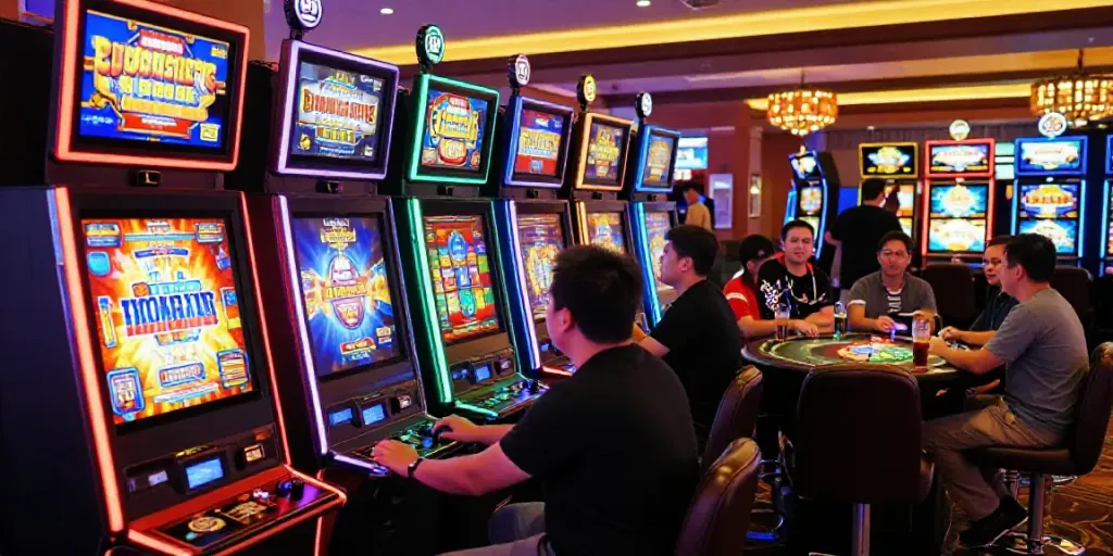 Players enjoying pesgslot action at vibrant casino slot machines.
