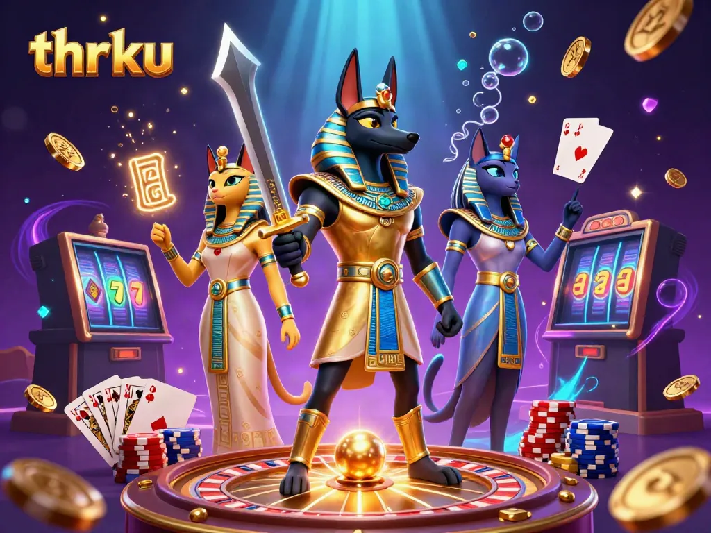 Experience thrilling gaming action with thr ku featuring Anubis and Bastet amidst vibrant casino elements.