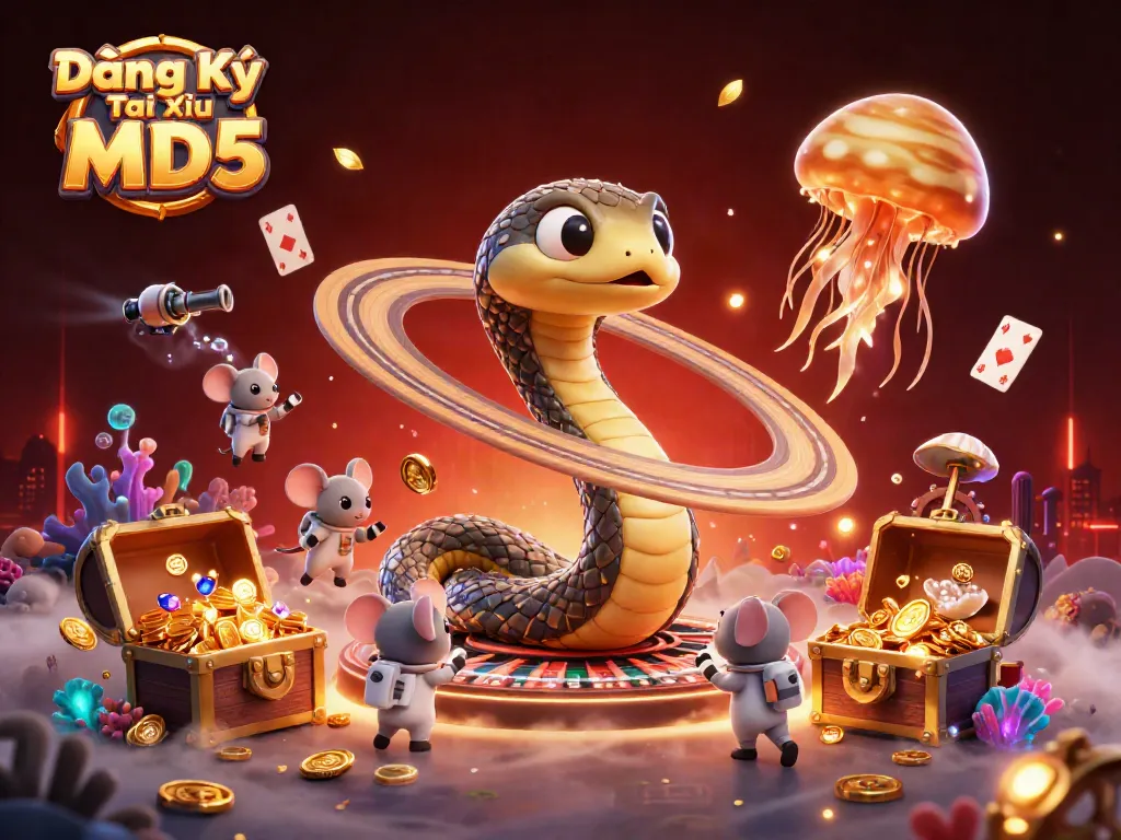 Experience the excitement of Đăng Ký Tài Xỉu MD5 with vibrant animated characters and casino elements.