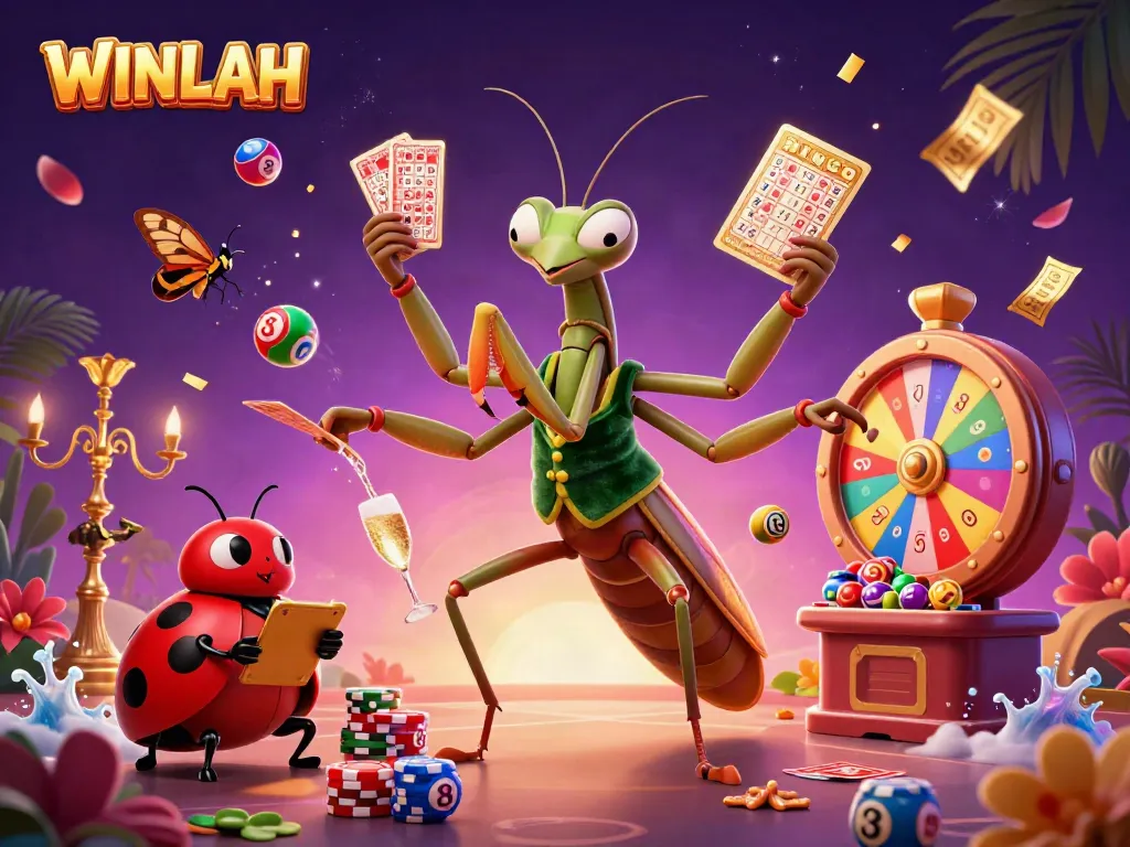 WINLAH showcases vibrant lottery elements with a dynamic praying mantis and ladybug in a casino scene.
