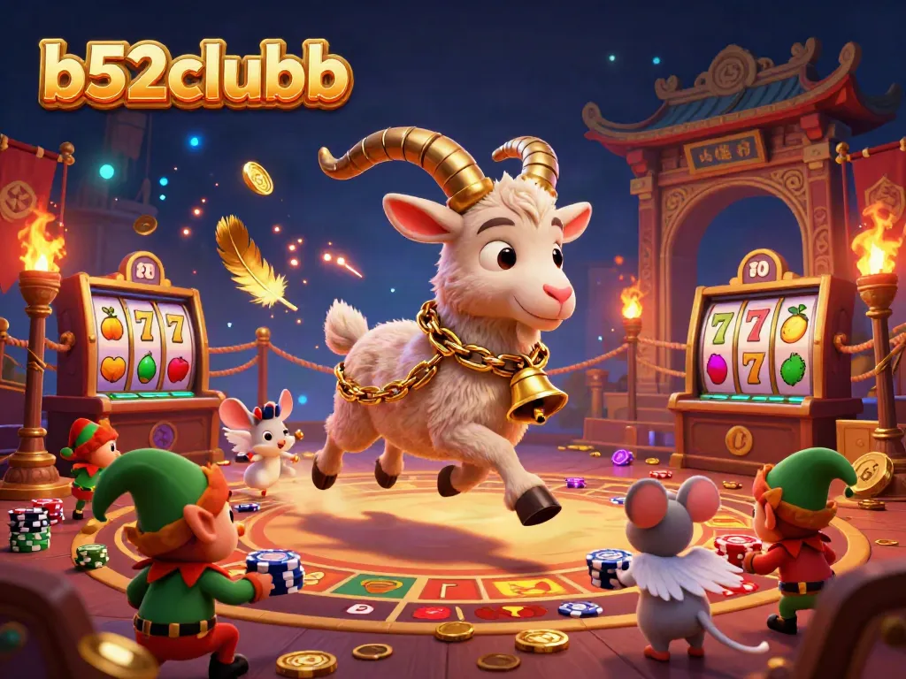 Experience b52clubb's engaging casino atmosphere with Krampus and friends amidst slot reels and exciting game elements.