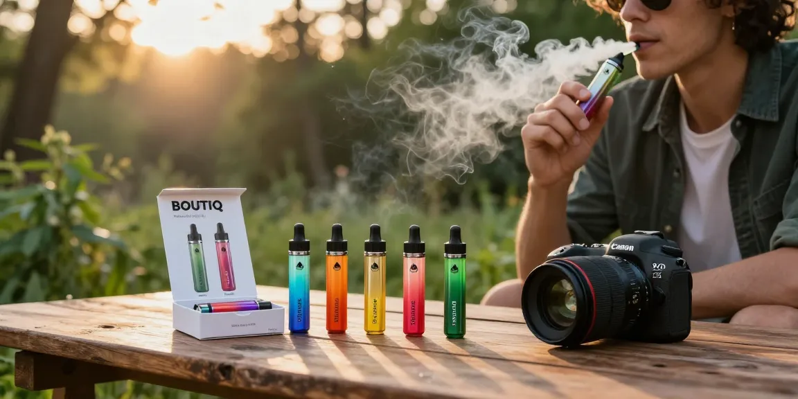 Boutiq Carts displayed outdoors with a person vaping a Boutiq Switch Disposable at sunset, highlighting premium cannabis experience.