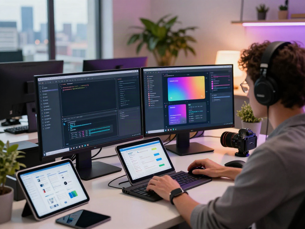 Workspace with software engineer coding the apktodo app interface on dual monitors in a vibrant tech environment.