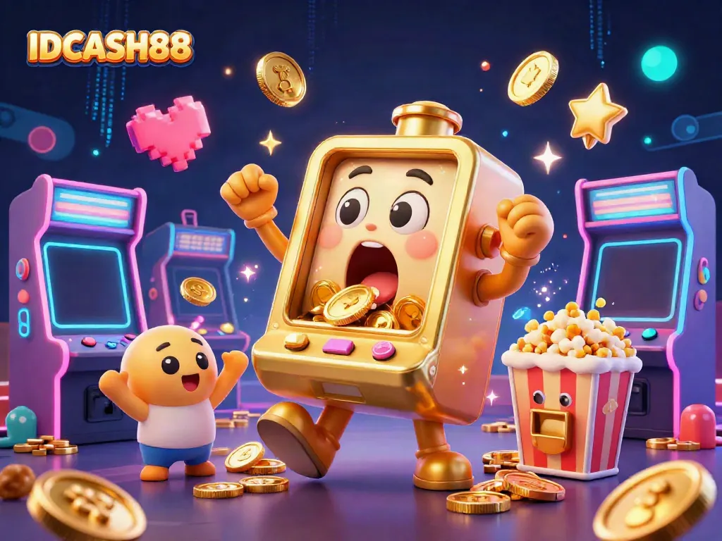 IDCASH88 showcases a whimsical golden slot machine hitting a jackpot, surrounded by cheering baby slot machines.
