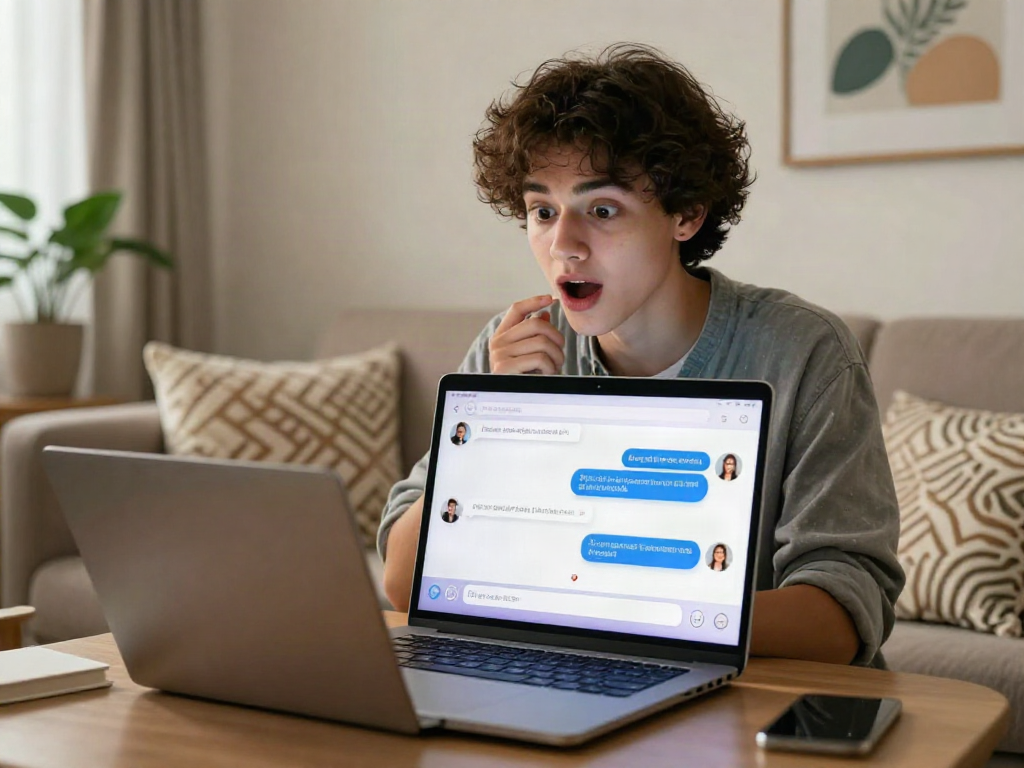 Engaging in free AI sex chat on a laptop in a cozy living room.