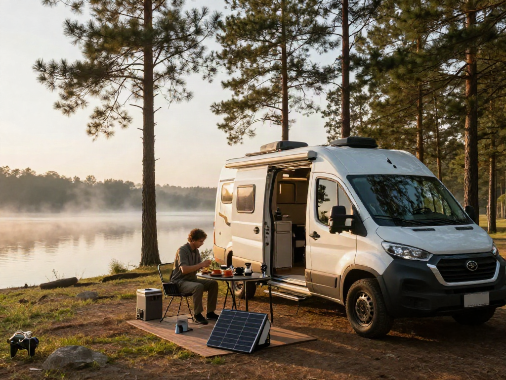Person preparing breakfast at RV campsite with lithium RV battery powering the setup.