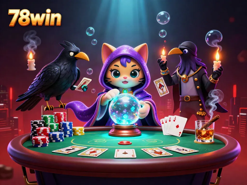 Experience the allure of 78win with a mystical casino scene featuring a fortune teller cat and poker elements.