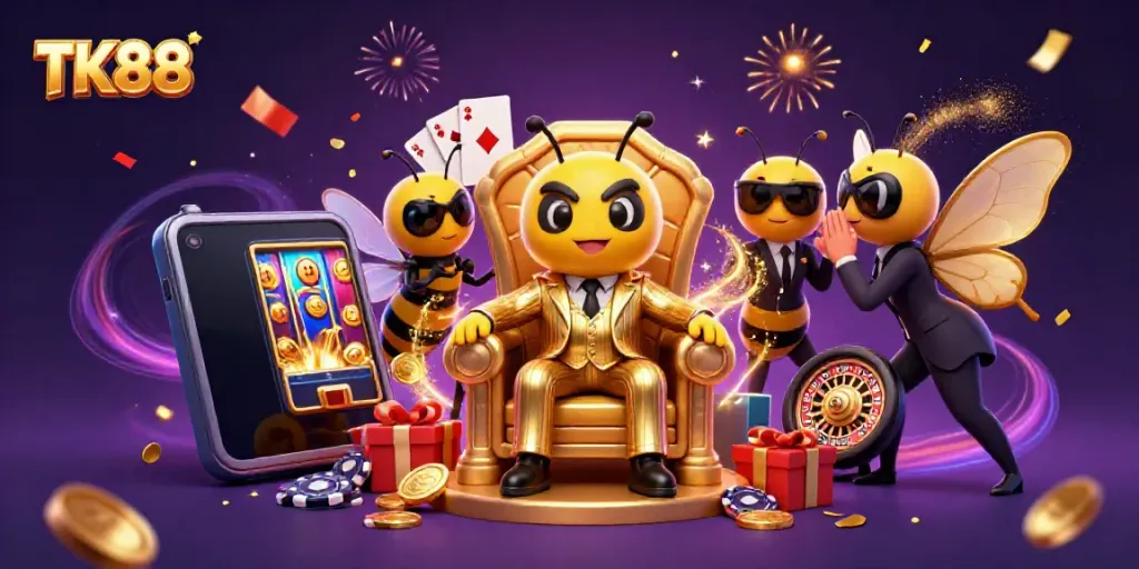 Engage in thrilling casino action with TK88's vibrant character scene full of games and entertainment elements.