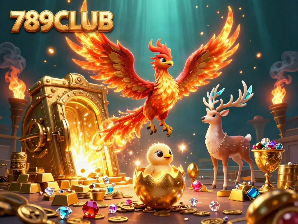 Experience the vibrant and thrilling world of 789CLUB with a stunning scene of phoenixes and treasures.