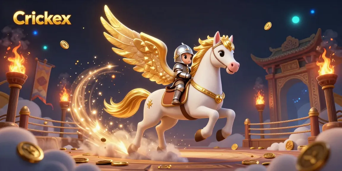 Engage in thrilling casino adventures with Crickex as a knight rides a celestial horse through a dynamic gambling scene.