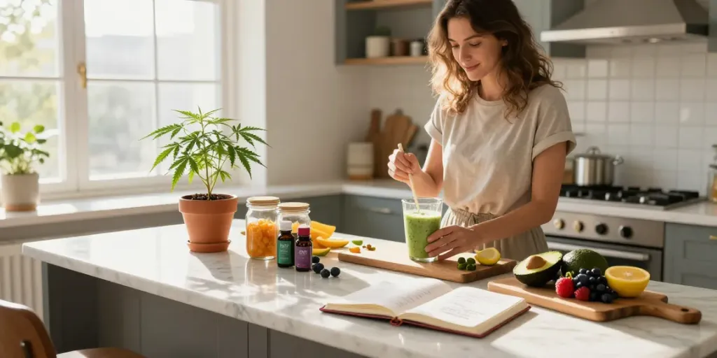 sg lana premium CBD oil and fresh ingredients in a bright wellness kitchen