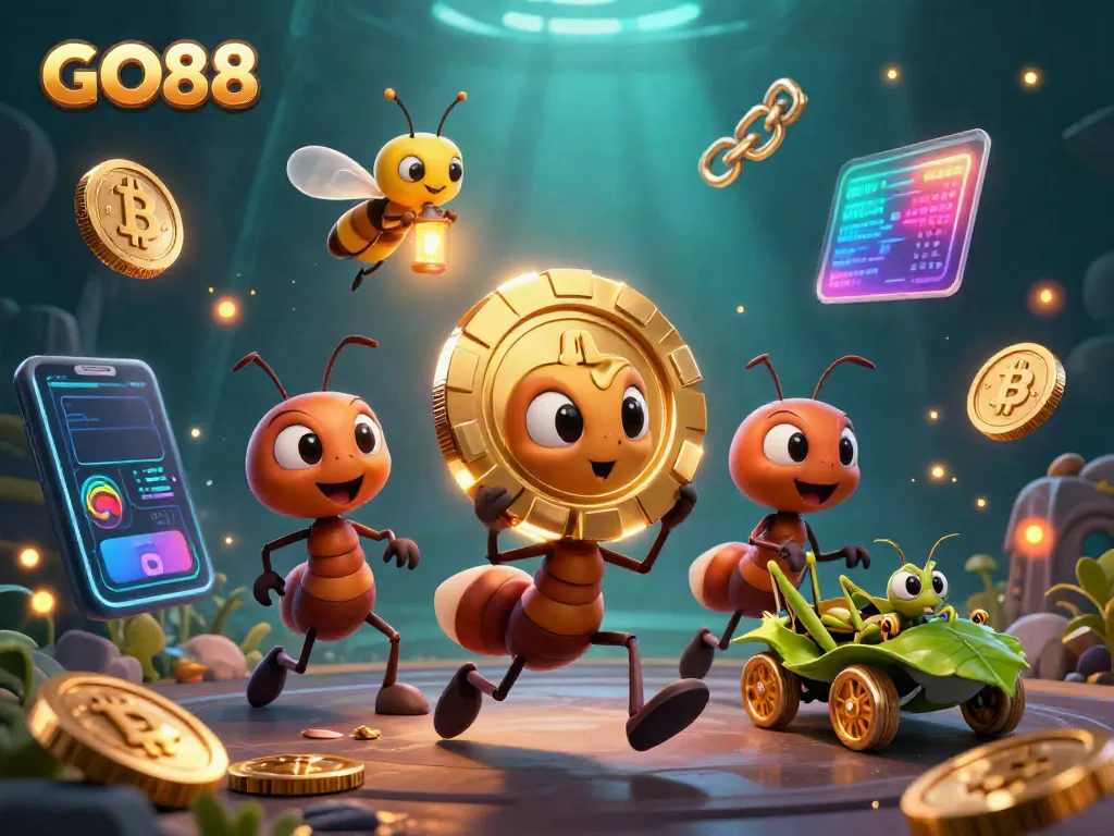 GO88 animated heist scene with ants, crypto coins, and casino elements showcasing dynamic gambling excitement
