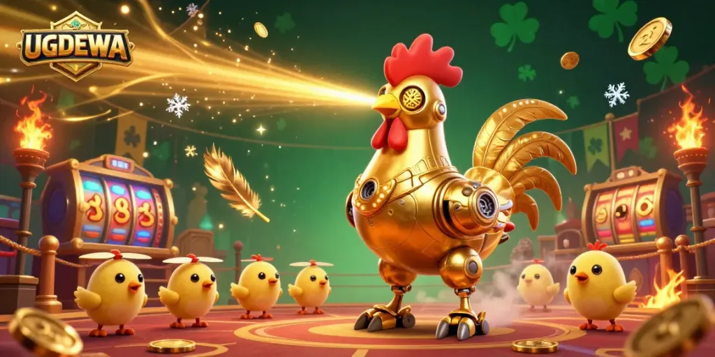 UGDEWA showcases a vibrant casino illustration featuring a futuristic golden rooster robot and animated drones amidst dynamic gambling elements.