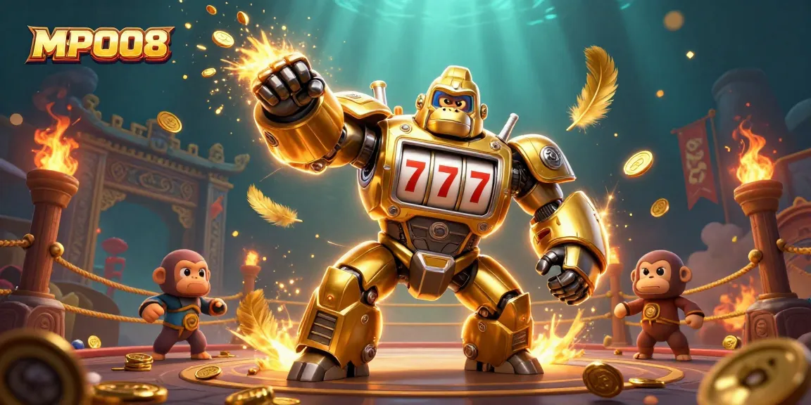 Engaging MPO08 casino-themed illustration showcasing a gorilla mech and dynamic gambling elements.