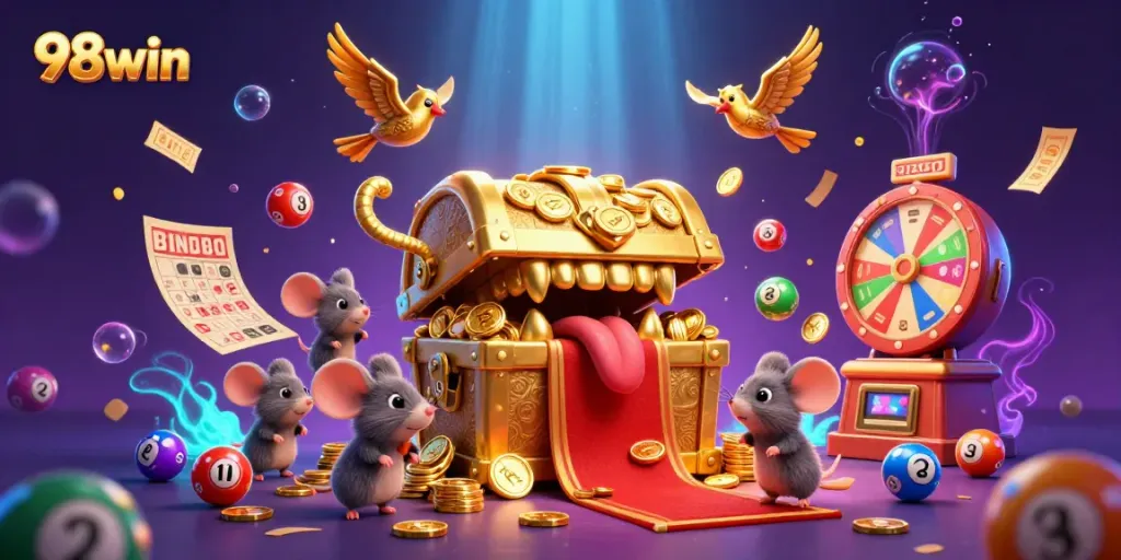 Experience the excitement of winning with 98win's golden treasure chest and dynamic gaming elements.