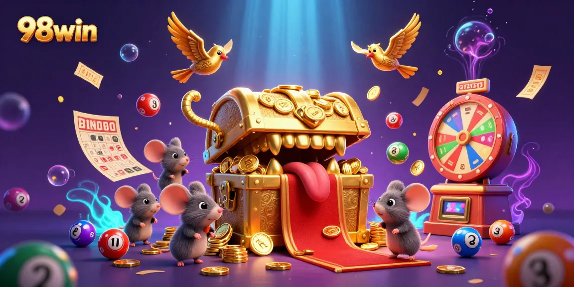 Experience the excitement of winning with 98win's golden treasure chest and dynamic gaming elements.