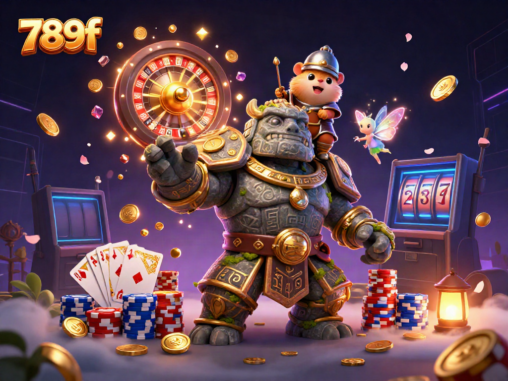 Experience the magic of 789f with a 3D golem guardian and vibrant casino elements in action.