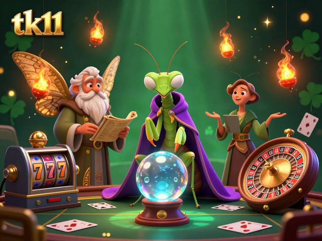 Engage with tk11's vibrant casino scene featuring a fortune teller and librarian amidst gaming elements.