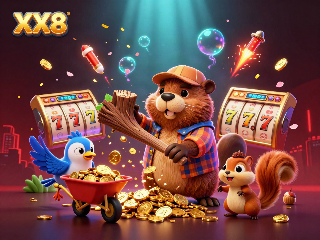 Join the fun with XX8 while the beaver chops for golden coins amidst a vibrant casino atmosphere.