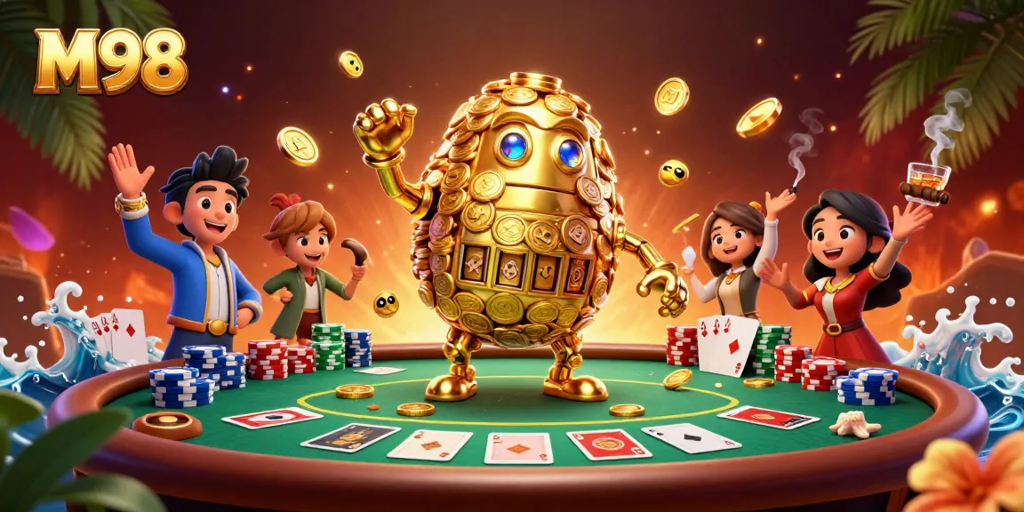 Experience thrilling M98 slots adventure with a golden golem in a vibrant casino scene.
