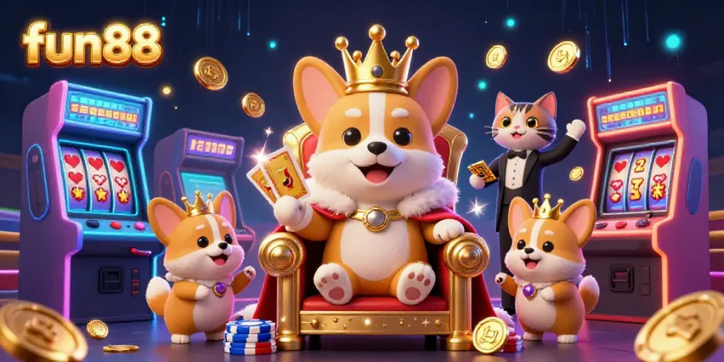 Experience fun88 gaming with a royal corgi and a cat butler in a vivid casino scene.