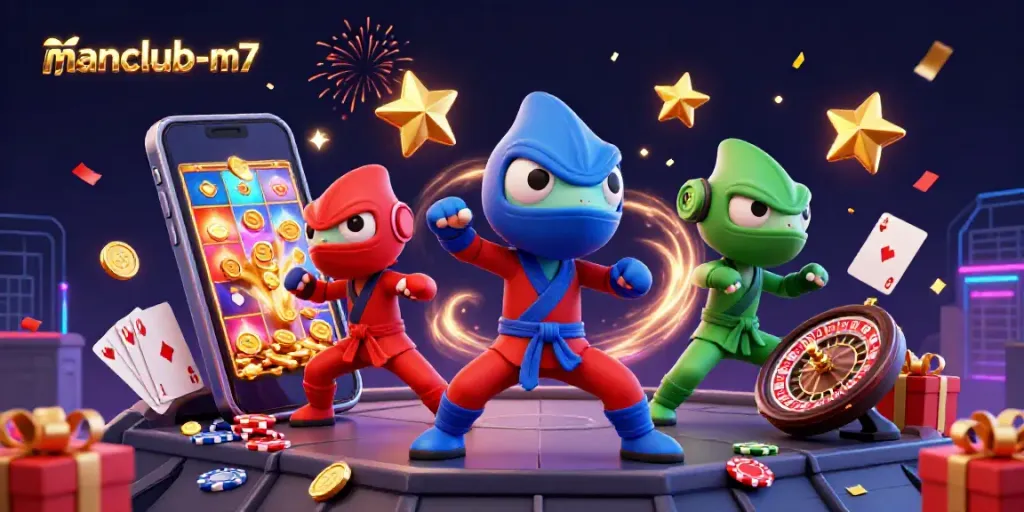 Synchronized ninja chameleons interact with dynamic casino elements, showcasing manclub-m7 vibrancy and excitement.
