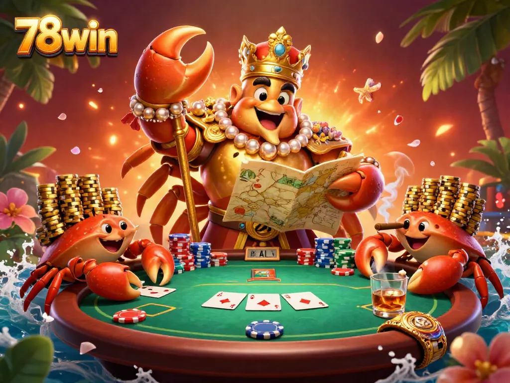 Engage in thrilling gameplay at 78win, featuring a golden crab emperor and vibrant poker elements.