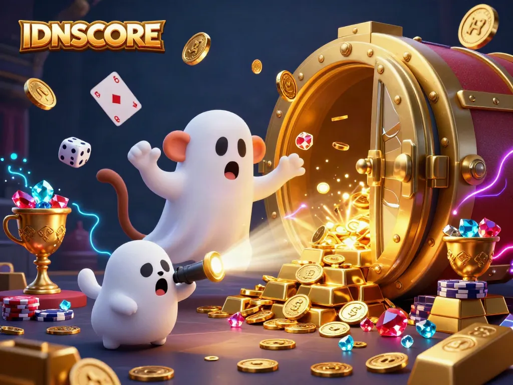 Experience thrilling gaming at IDNSCORE with a playful poltergeist monkey and a curious puppy in a vibrant casino.
