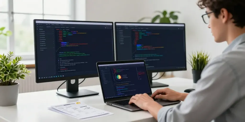 Buy VPS with Bitcoin in a modern cloud hosting workspace with vibrant coding interfaces.