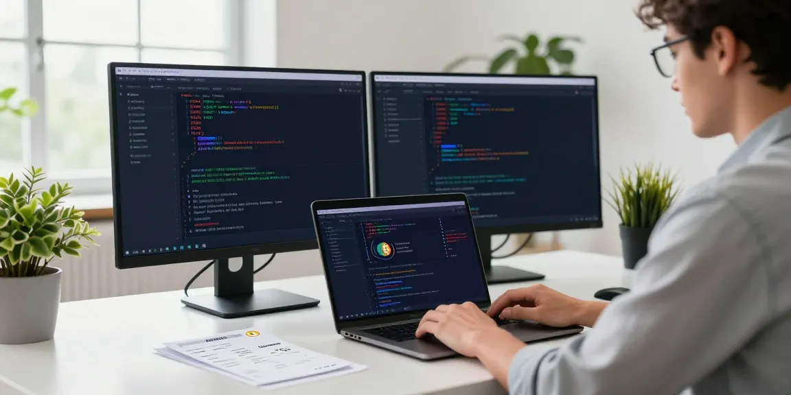 Buy VPS with Bitcoin in a modern cloud hosting workspace with vibrant coding interfaces.