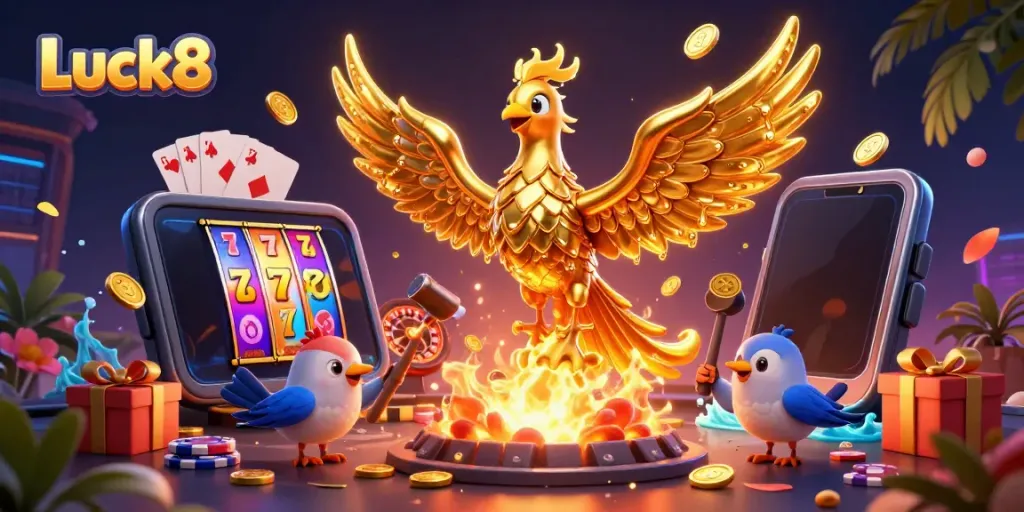 Luck8 delivers an exciting gaming experience, showcasing a golden phoenix and vibrant casino elements.
