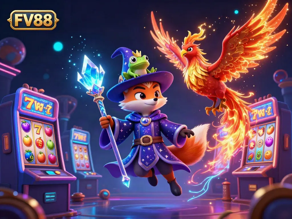 Engage with FV88 in this vibrant 3D casino scene depicting a wizard fox, phoenix, and slot machines.