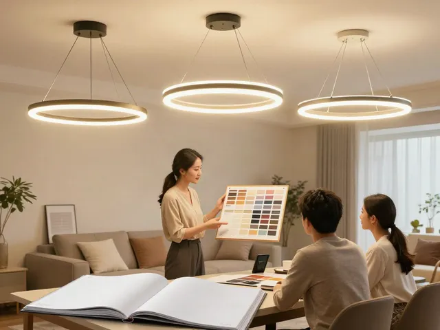 Designer expert recomandând lustre LED pentru decorul casei, într-un ambient prietenos.
