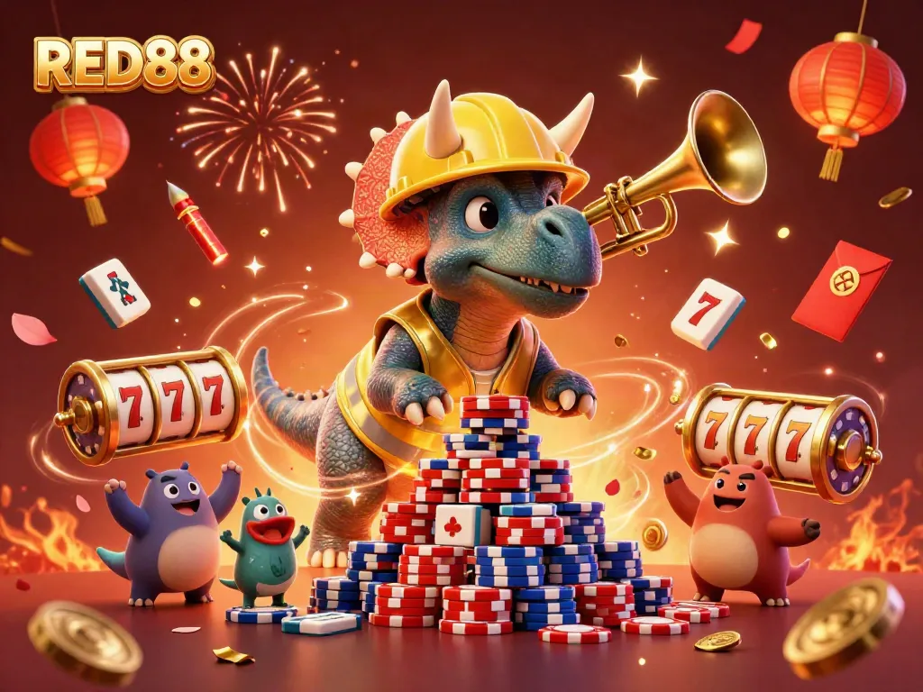 Experience the excitement of RED88 casino as cartoon dinosaurs celebrate winning with poker chips.