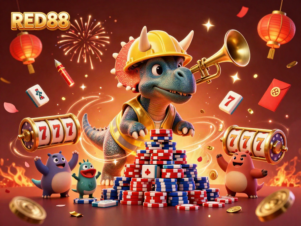 Experience the excitement of RED88 casino as cartoon dinosaurs celebrate winning with poker chips.