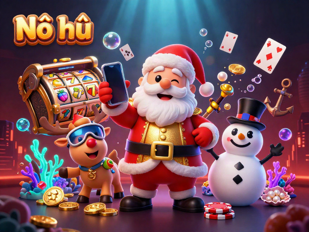 Nổ hũ slot game illustrates dynamic casino elements with Santa and friends celebrating big wins.