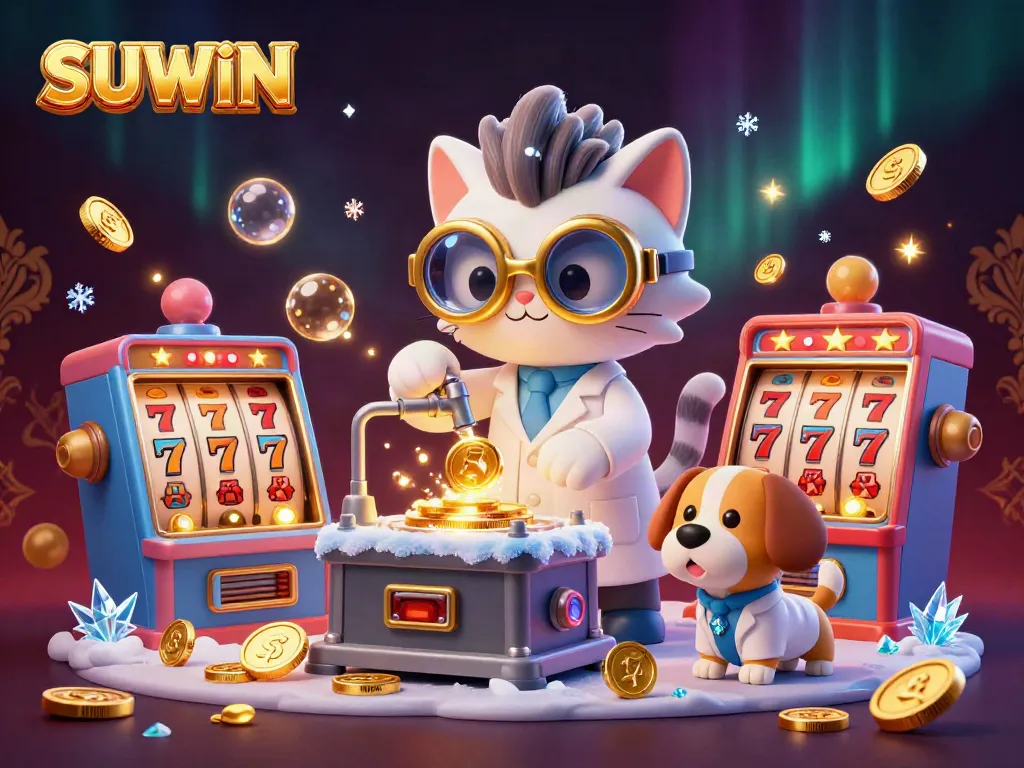 Join the SUWIN madness as a cat scientist and dog assistant create golden jackpots in this colorful casino scene.