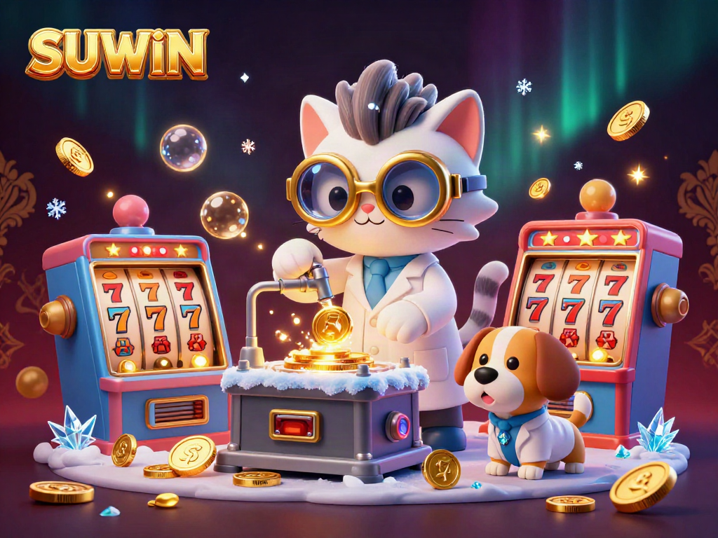 Join the SUWIN madness as a cat scientist and dog assistant create golden jackpots in this colorful casino scene.