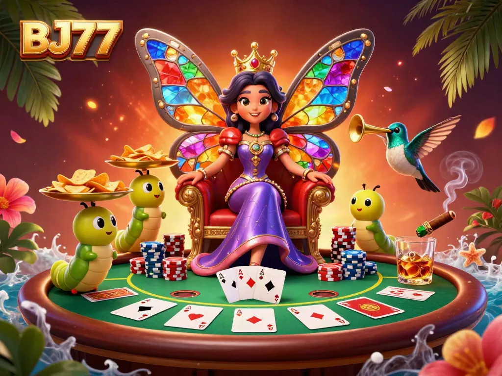 Experience thrilling action at BJ77 with a butterfly queen amidst poker elements and vibrant colors.