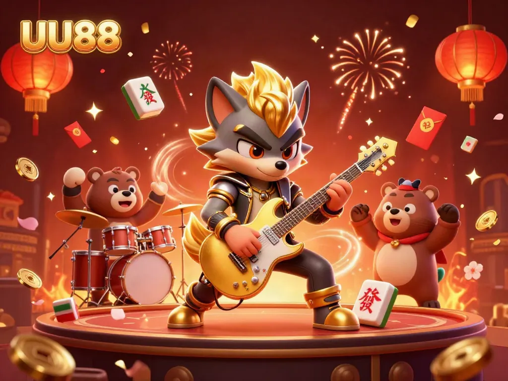 Engaging lighting and vibrant energy surround UU88’s wolf rock star shredding on stage, enticing gamers.