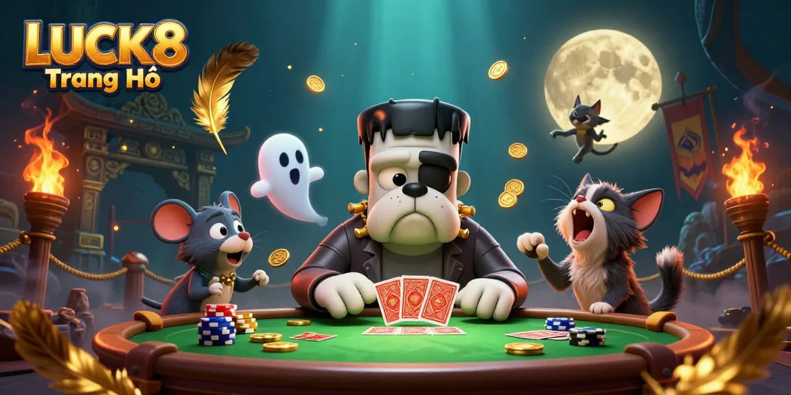 Join the thrilling action at LUCK8 Trang Chủ, featuring iconic characters like a Frankenstein bulldog and a ghost mouse in a lively gaming scene.