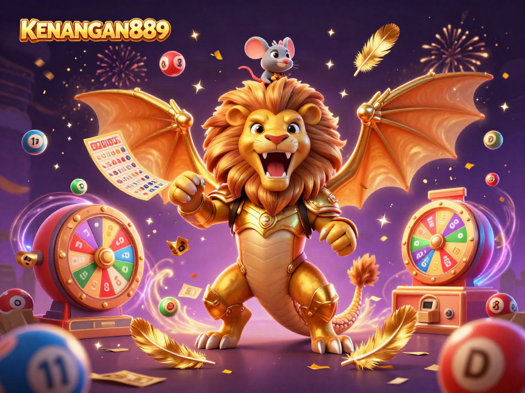 KENANGAN889 showcases a triumphant chimera creature surrounded by dynamic gaming elements in a vibrant casino scene.
