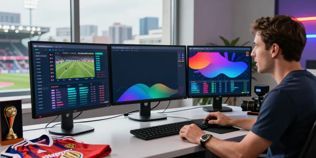 Analyst reviewing statistics and player data for TOP10FOOTBALL rankings in a dynamic workspace.