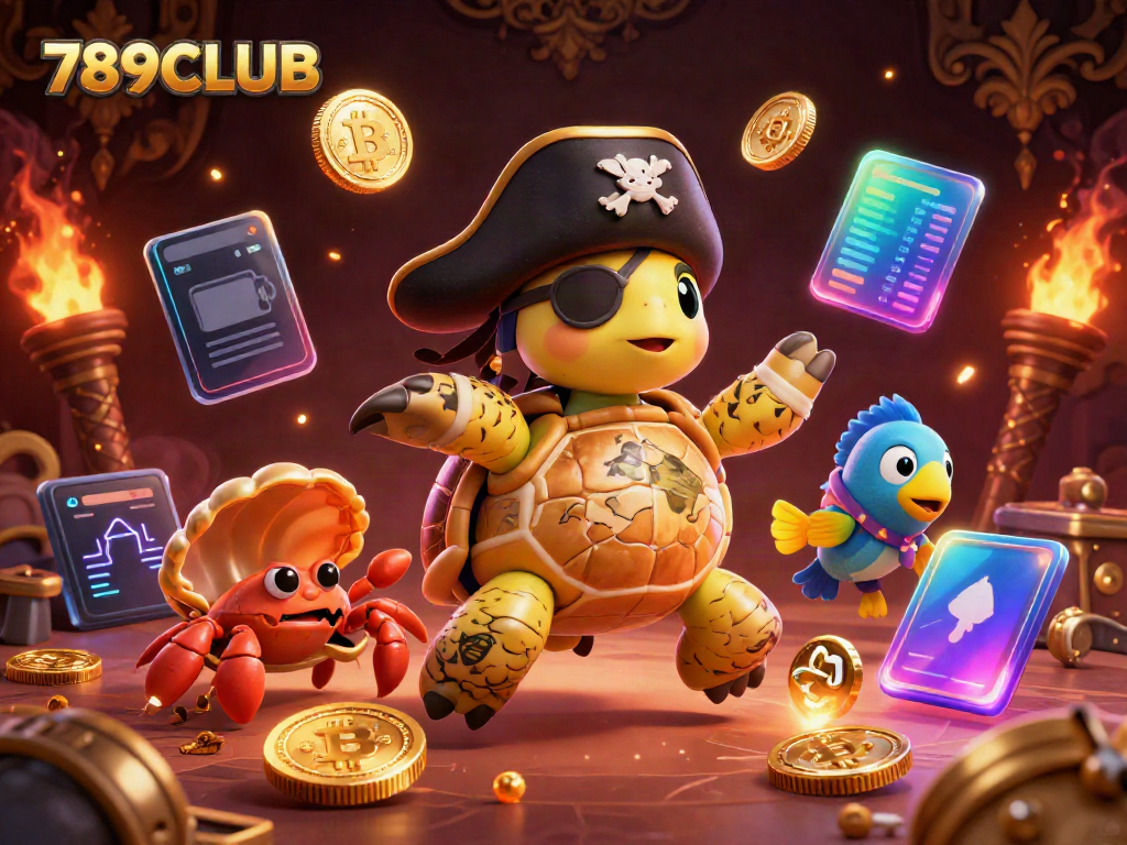 Play exciting games like 789CLUB with vibrant casino characters and cryptocurrencies displayed.