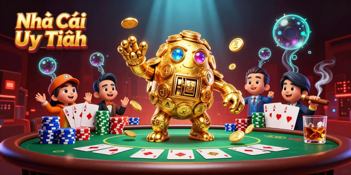 Experience the excitement of Nhà Cái Uy Tín with a golden golem and poker elements in a dynamic casino scene.