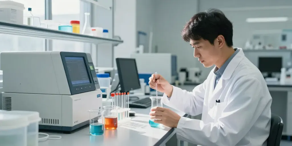 Research Chemicals Australia in a modern lab setting with a researcher mixing chemicals.