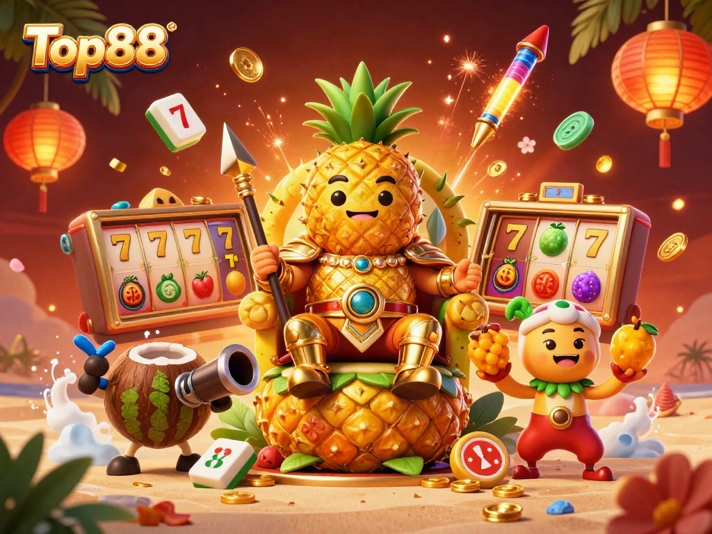 Experience the excitement of Top88 with vibrant casino-themed 3D illustration showcasing a playful king and game elements.