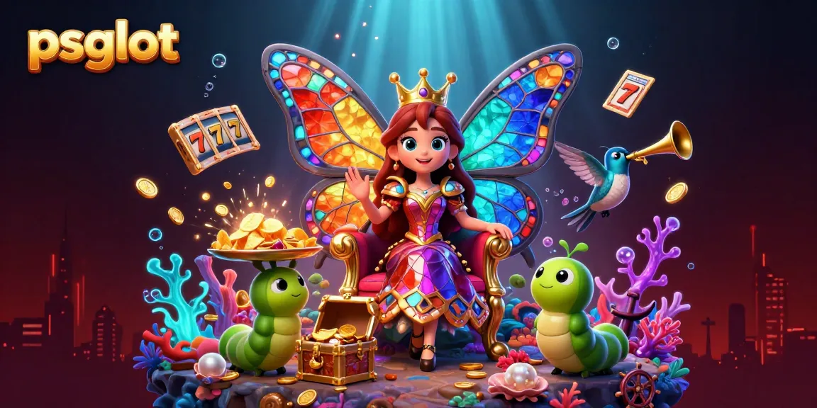Experience exciting slots with psgslot amidst vibrant 3D fantasy illustration of a butterfly queen and gaming elements.
