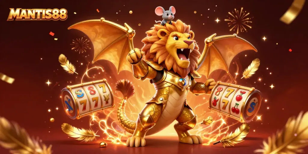 Experience the thrill of MANTIS88 with a lively 3D depiction featuring roaring chimera and slot game elements.